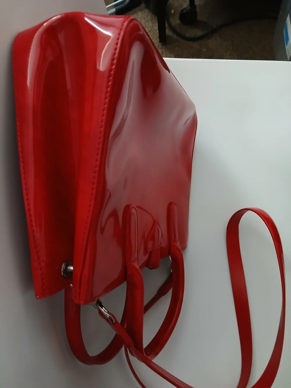 Longchamp Red Patent Leather Satchel with Detachable Strap, Silver Hardware - Picture 6 of 6